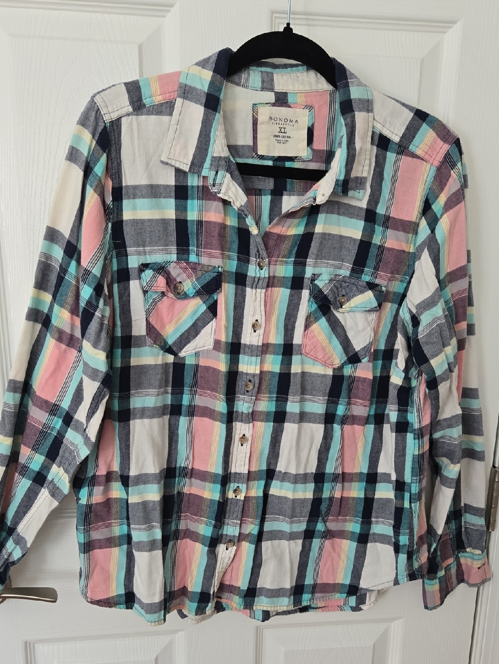 Sonoma Cotton Plaid Shirt in Aqua, Navy & Pink